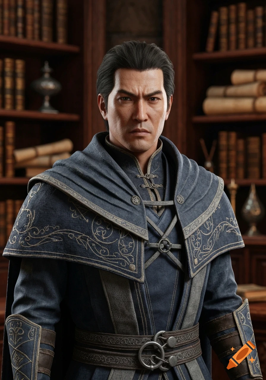 A stern man in elaborate blue fantasy robes stands in a library, a serious expression on his face. Photorealistic.