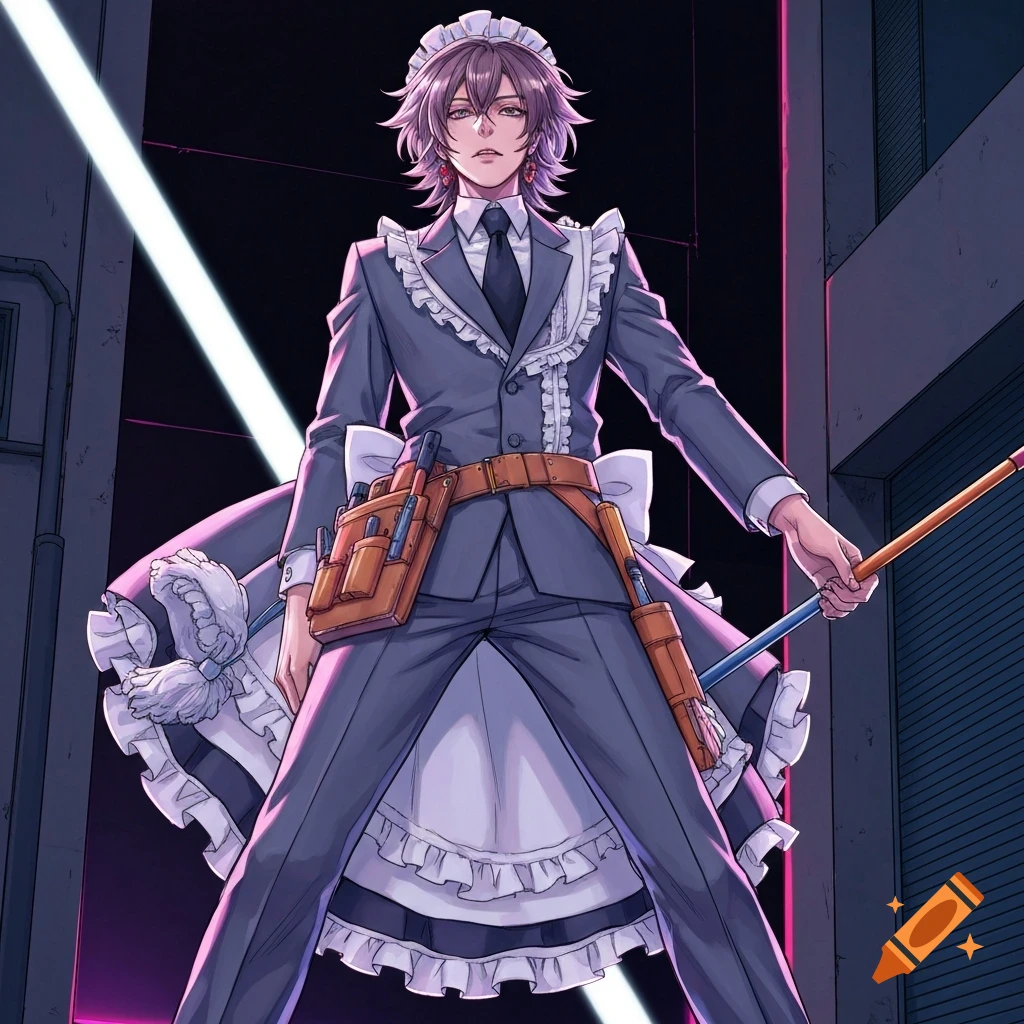 An anime-style character in a suit and frilly maid apron holds cleaning tools in a dark, urban setting.