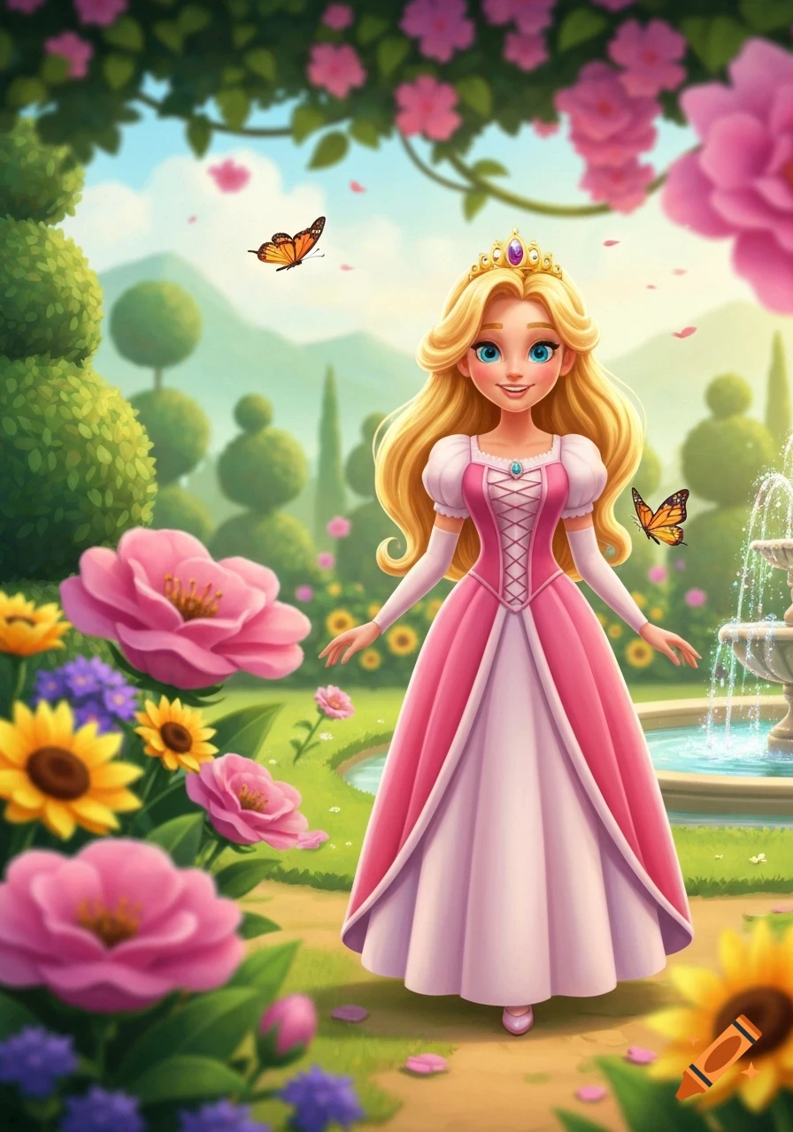 A blonde cartoon princess with a crown and a pink and white gown stands in a lush garden with butterflies, flowers, and a fountain.