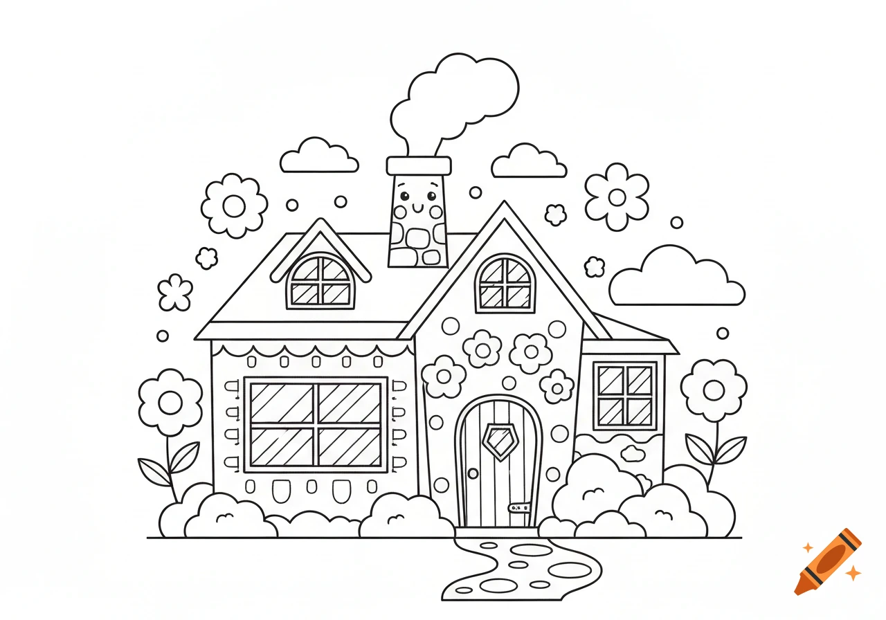 A cutesy black and white line art coloring page of a house with a smiling chimney, flowers, and clouds.