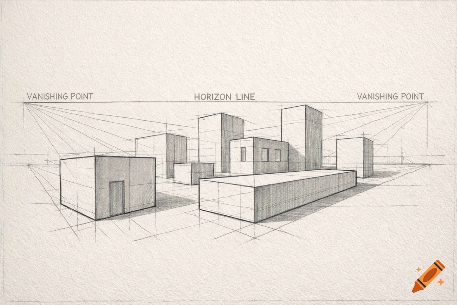 A pencil drawing illustrating two-point perspective with a horizon line, two vanishing points, and an arrangement of cuboid buildings.