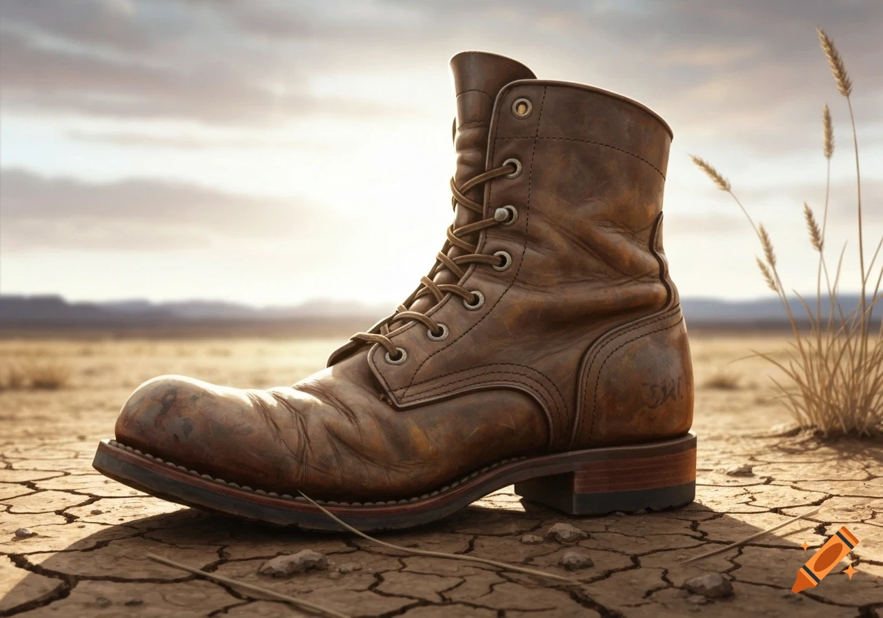 A weathered brown leather boot stands alone on a cracked, dry desert landscape under a cloudy sky.