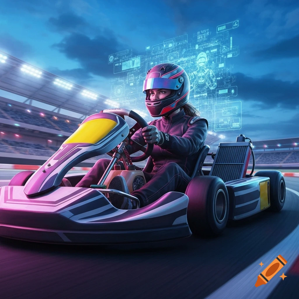 A futuristic go-kart racer in a helmet drives on a track, surrounded by glowing holographic data displays.