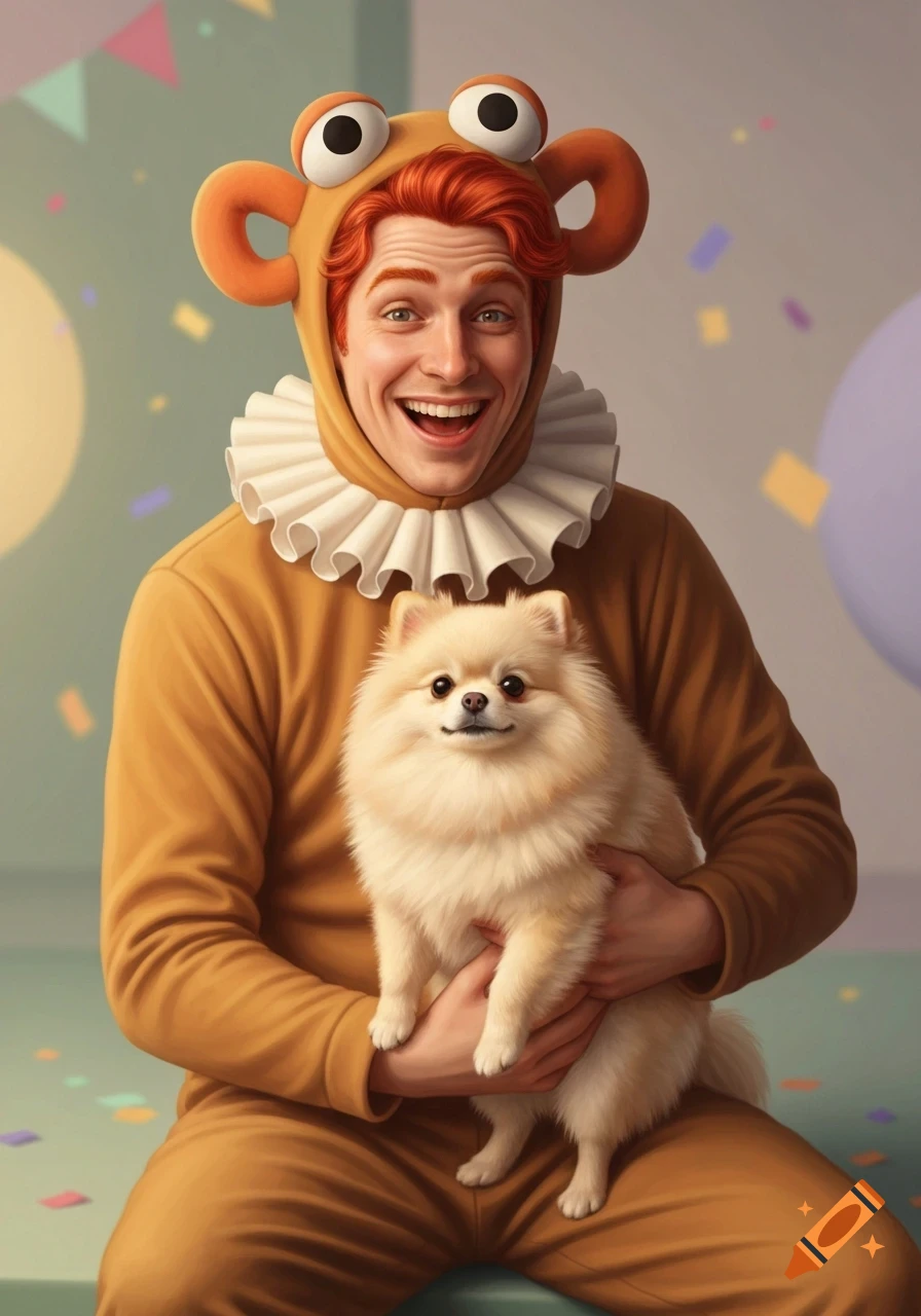 Red-haired man in a brown muppet-like costume with a ruffled collar, smiling broadly while holding a fluffy cream Pomeranian.