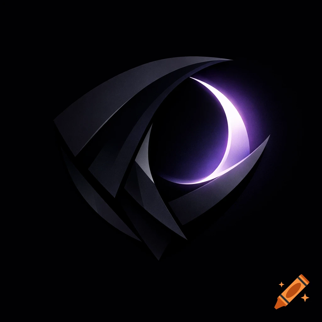 A modern, minimal esports logo with dark geometric shapes surrounding a glowing muted violet crescent against a black background.