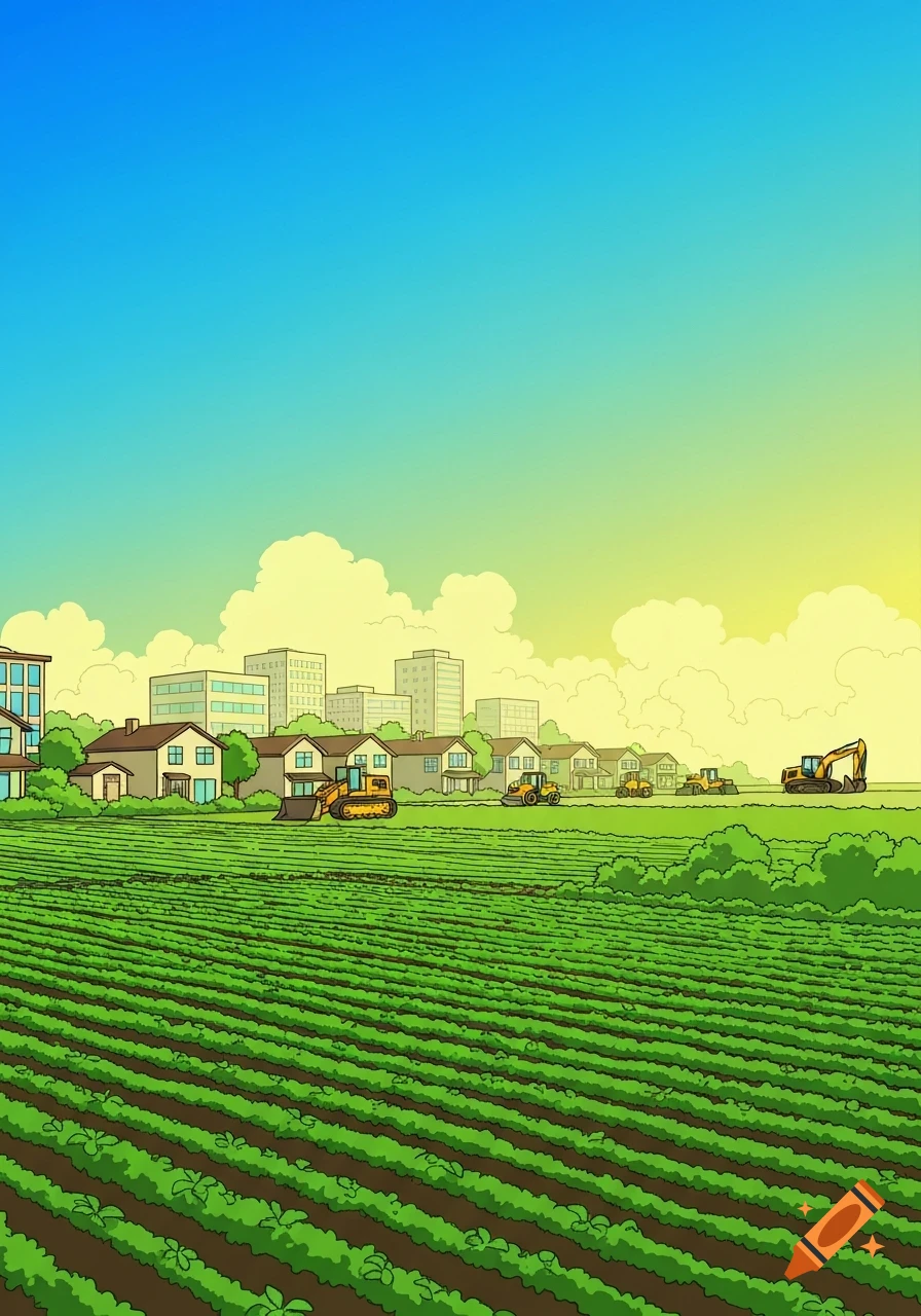 Cartoon of a large green farmland with houses, city buildings, and construction vehicles in the background under a blue and yellow sky.