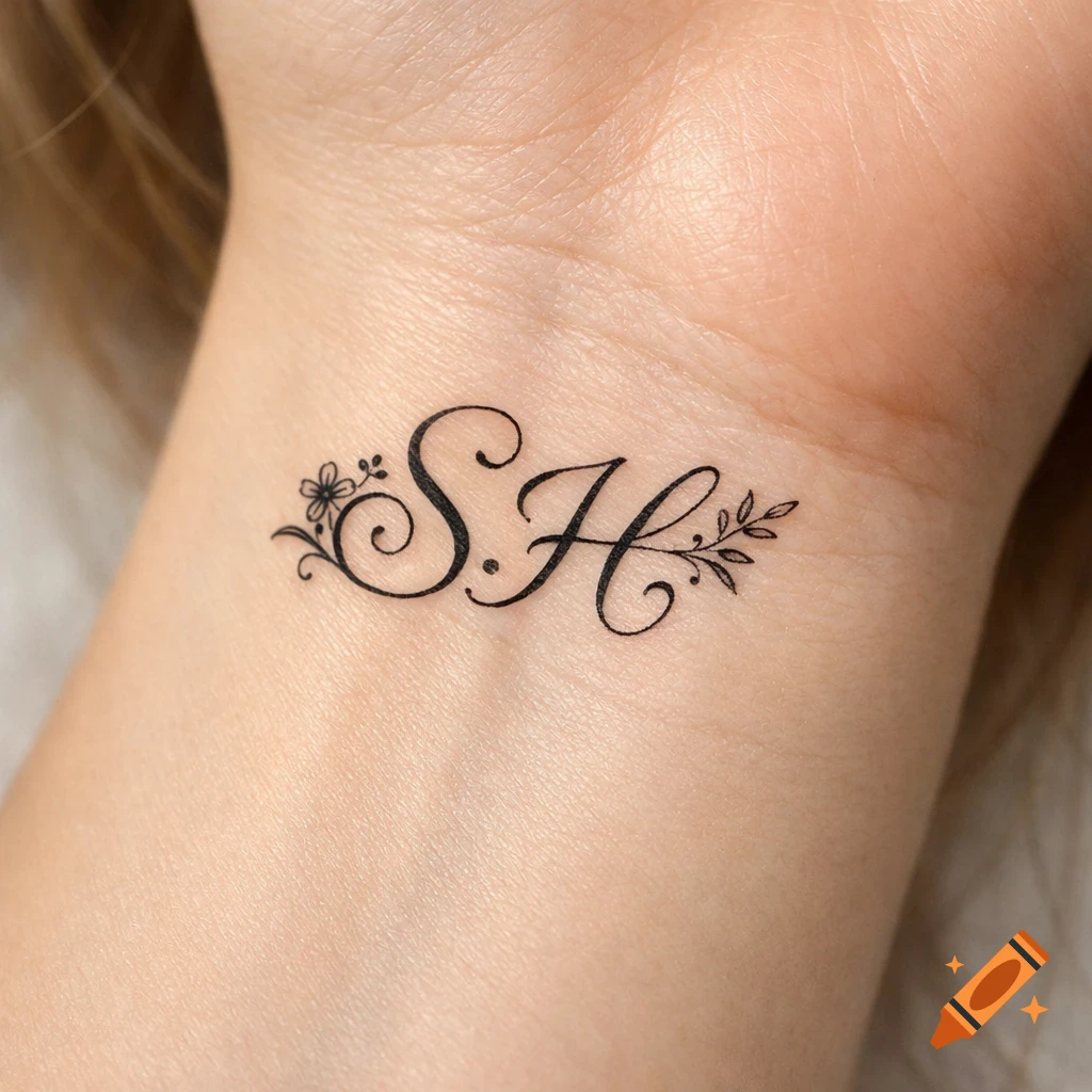 A black script tattoo of the initials 'S.H.' with floral accents on the inside of a person's wrist.