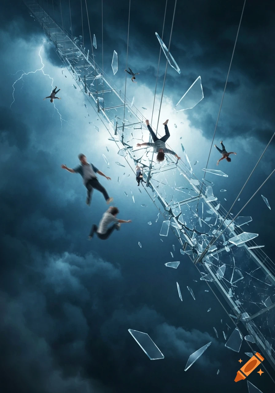 People fall from a crumbling glass bridge as lightning flashes across a dark, stormy sky in a dramatic digital artwork.