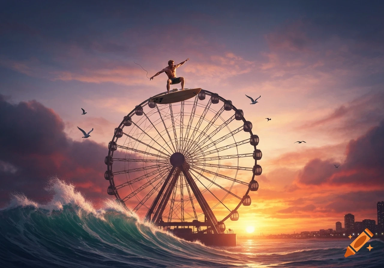 Man surfing on top of a Ferris wheel with crashing waves, a vibrant sunset, and a distant city skyline.