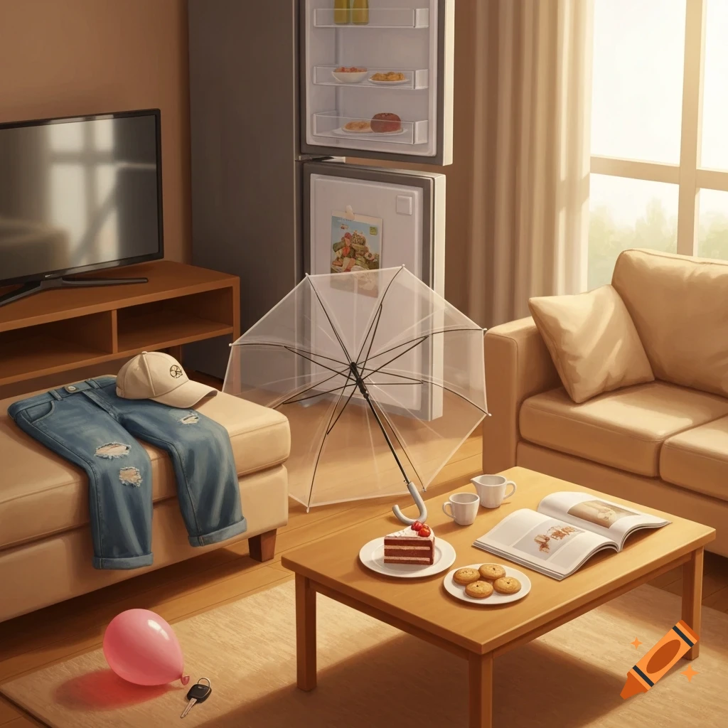 Illustration of a sunny living room with a couch, TV, open fridge, coffee table with cake and cookies, jeans, a cap, and a clear umbrella.