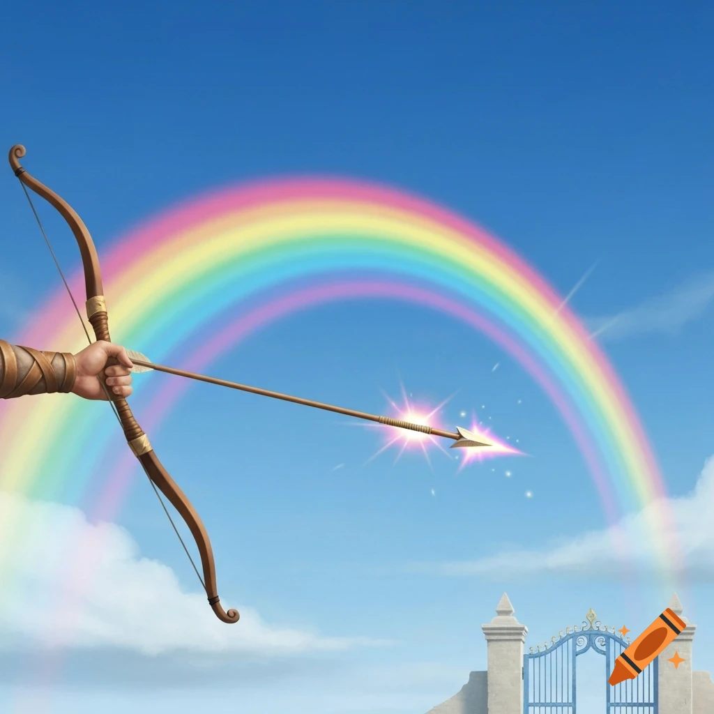A hand holding a bow and arrow, aiming at a distant gate under a bright rainbow in a blue sky.