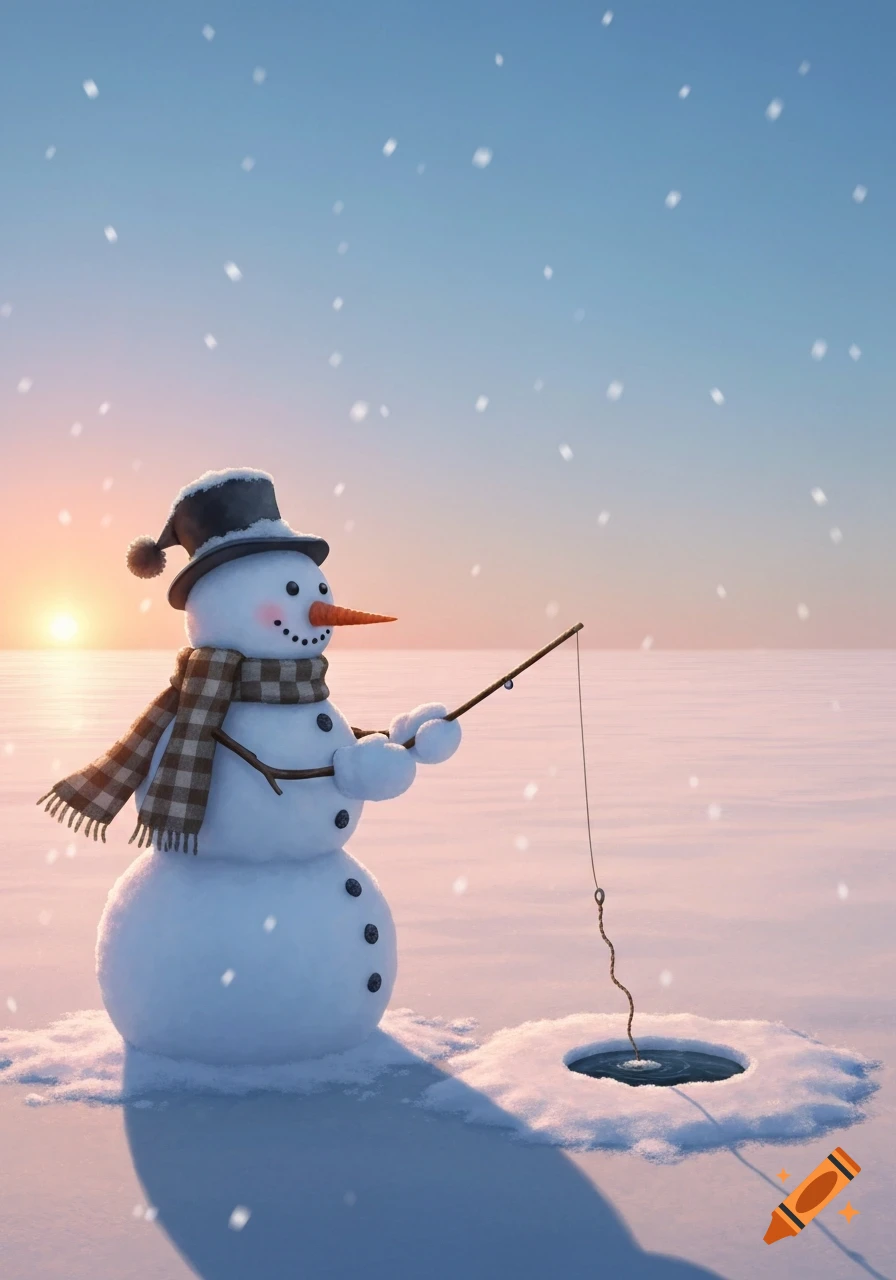 A friendly snowman wearing a top hat and plaid scarf sits ice fishing on a vast snowy plain at sunset.
