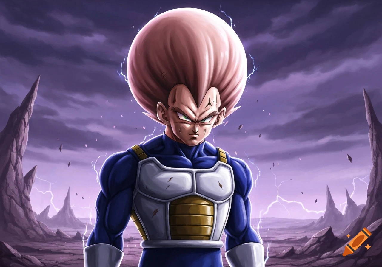Anime-style Vegeta with an enormous, bulbous head stands sternly on a rocky planet under a purple, stormy, lightning-filled sky.