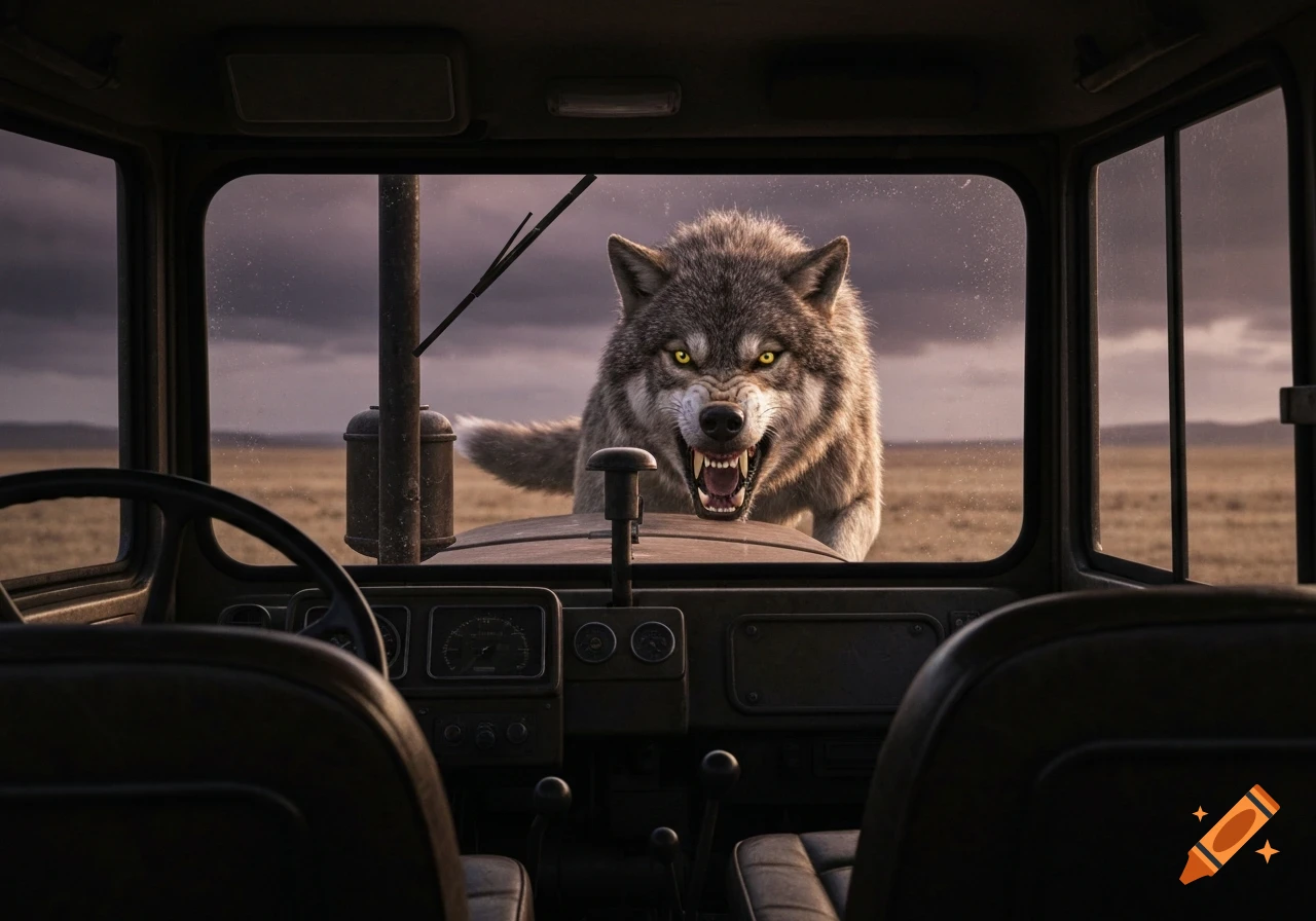View from inside a tractor of an angry wolf with glowing yellow eyes on the bonnet, in a desolate landscape under a cloudy sky.