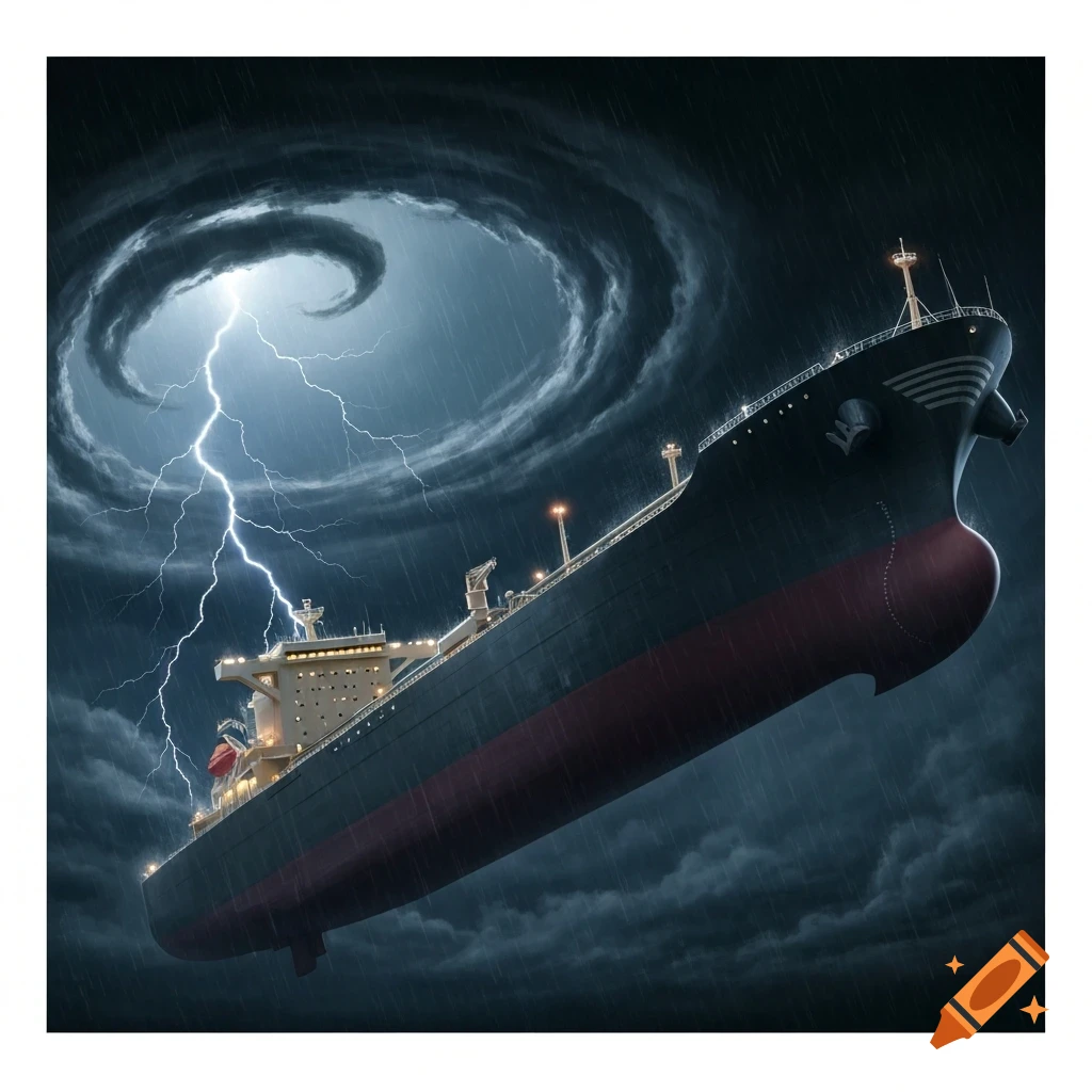 A large cargo ship navigates a dark, stormy sea under a swirling, cloud-filled sky with bright lightning.