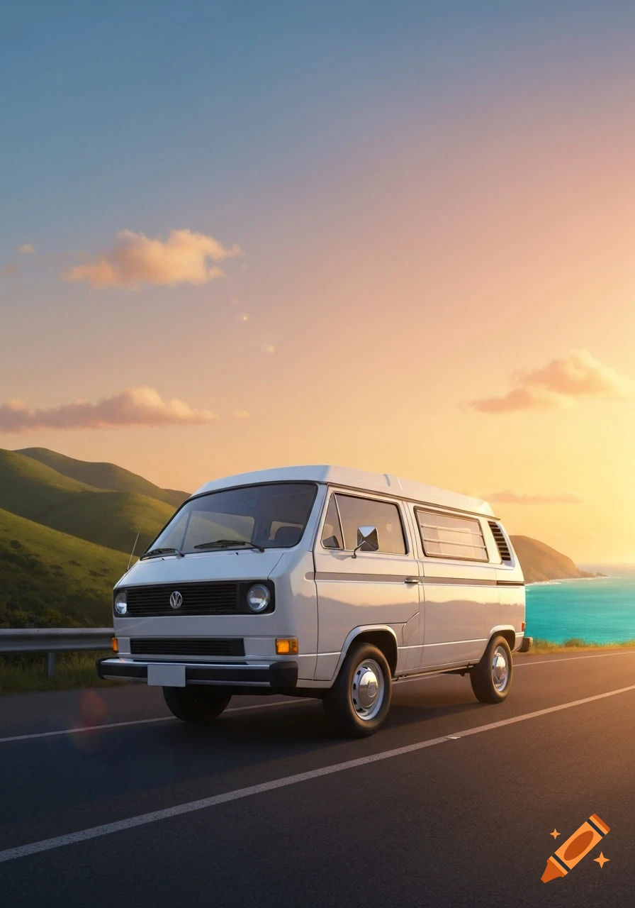 A white Volkswagen van drives on a coastal road during sunset, with green hills and the ocean in the background.