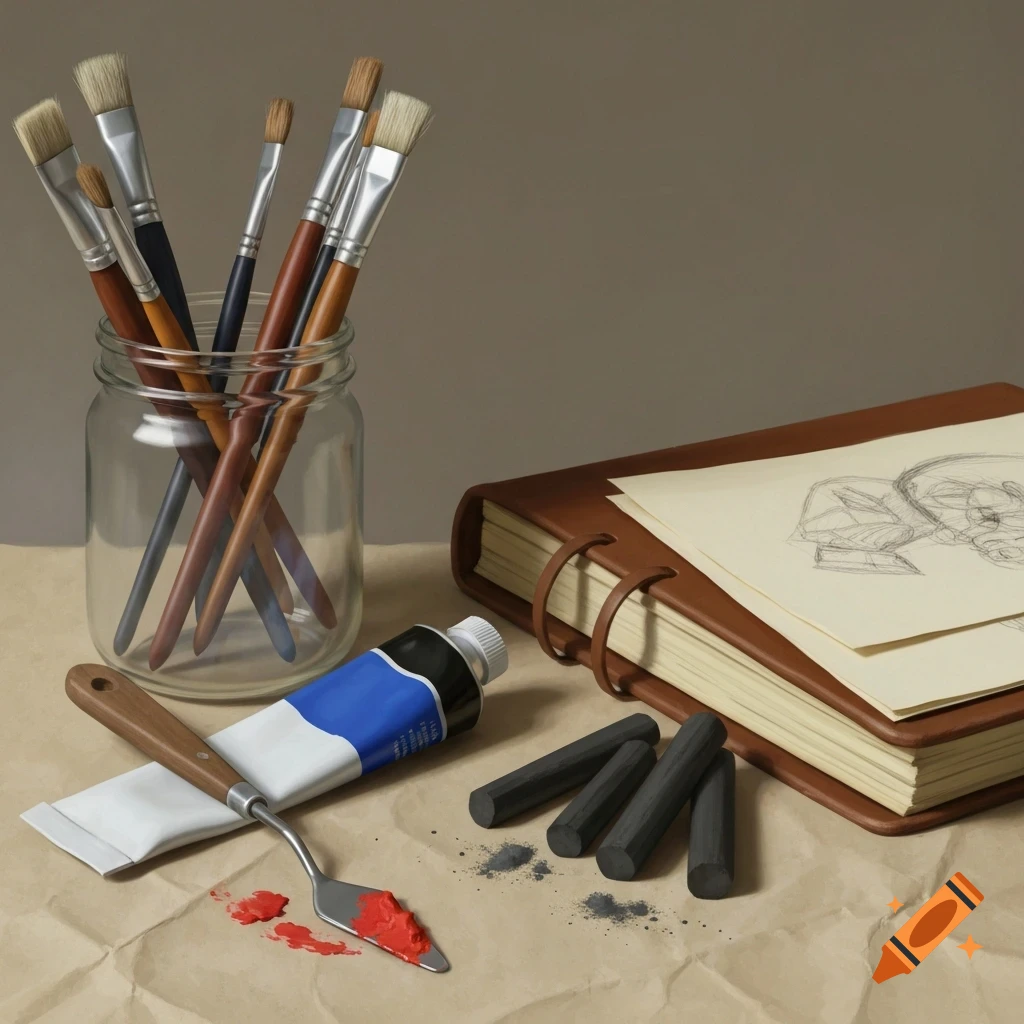 A still life arrangement of art supplies, including paintbrushes in a glass jar, a brown sketchbook, charcoal sticks, a blue paint tube, and a palette knife with red paint, all on crumpled paper.