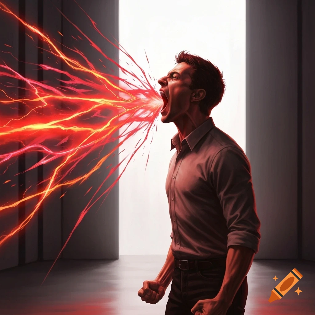 A man screams with intense red and yellow energy bursting from his mouth, set against a stark, high-contrast background.