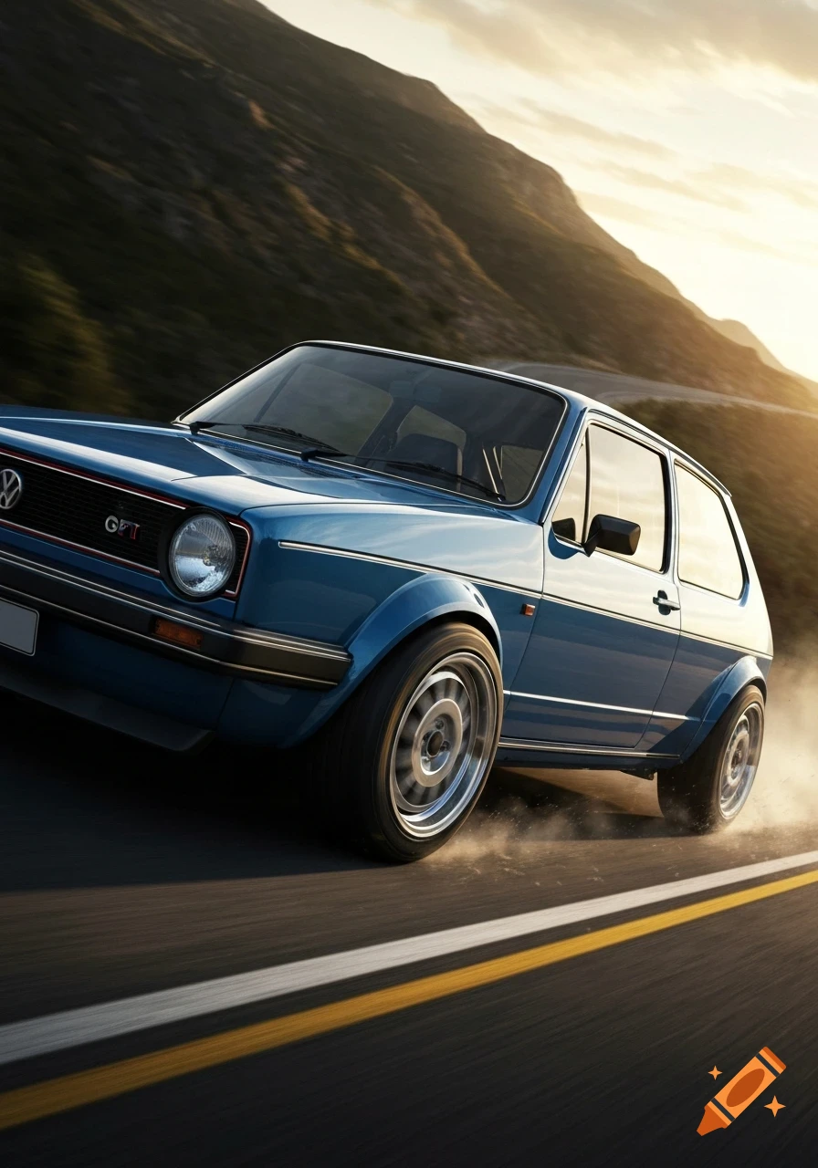A blue Volkswagen Golf Mk1 GTI drives on a winding mountain road at sunset, with a golden glow in the sky.