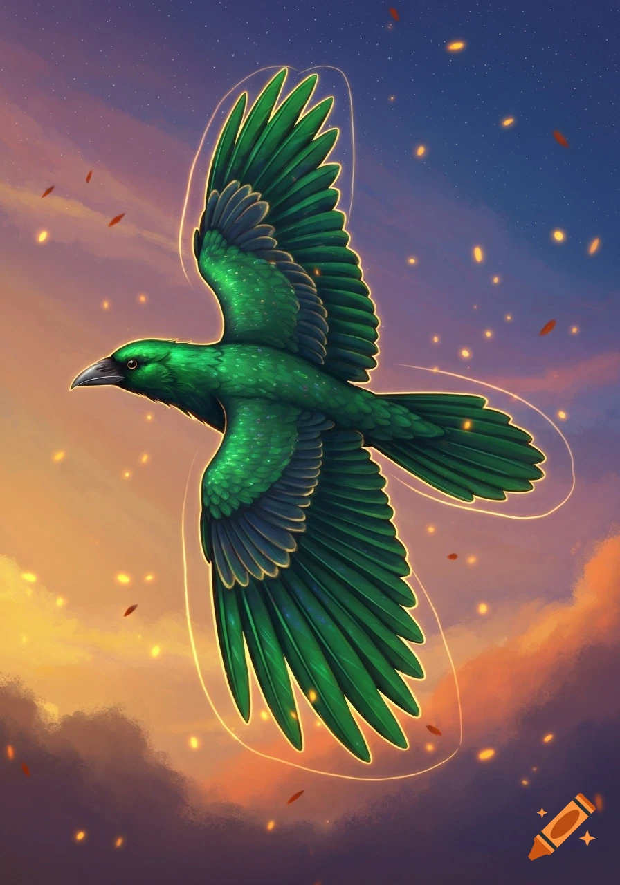 A vibrant green crow with glowing outlines soars through a twilight sky filled with stars and warm-toned clouds.