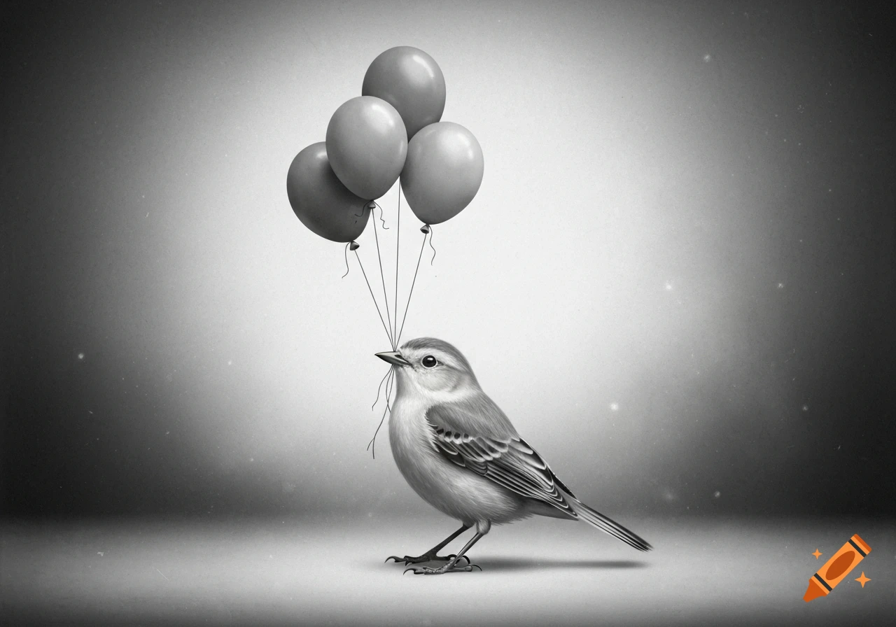A vintage style black and white bird holds four balloons by strings in its beak, standing on a soft gray background.