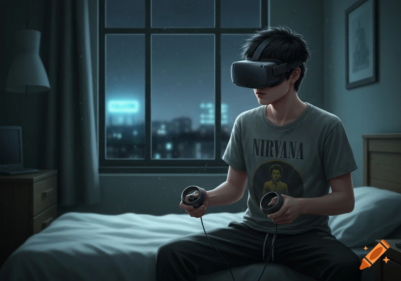 A young man with black hair sits on a bed, playing VR with controllers in a bedroom at night, cityscape visible through the window.