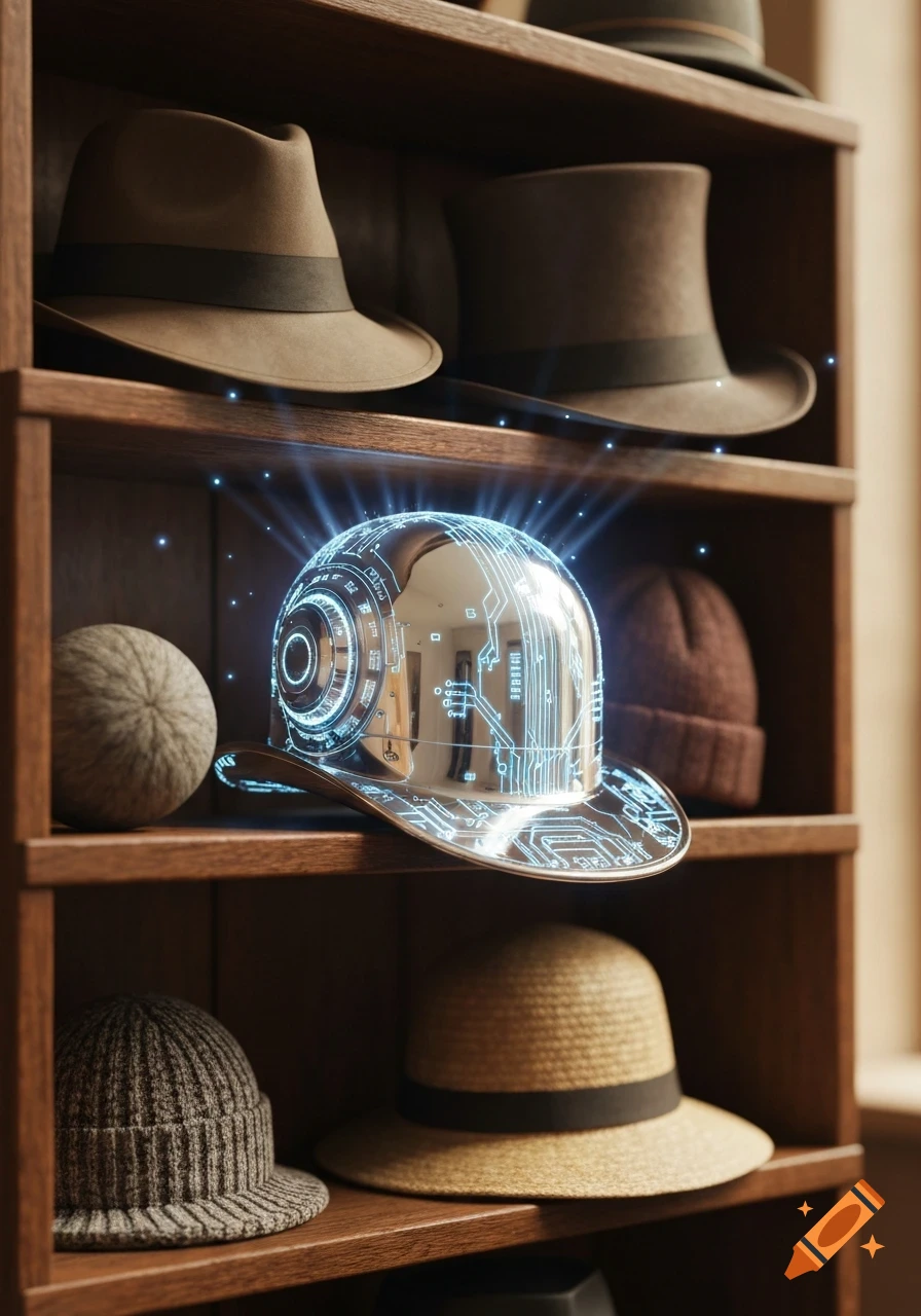 A wooden shelf displays various hats, including a futuristic metallic hat with glowing blue circuit patterns among traditional hats.