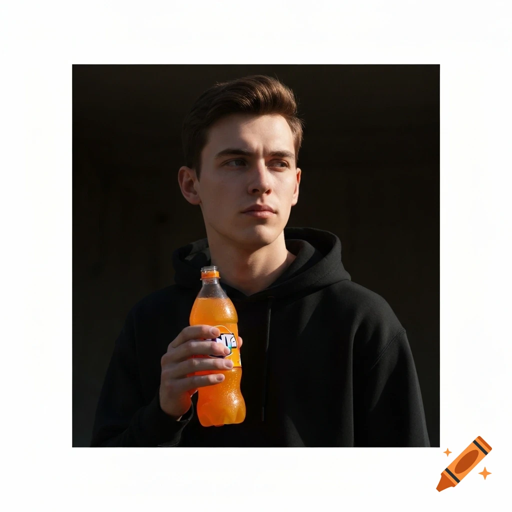 A photorealistic portrait of a young man in a black hoodie holding an orange Fanta bottle against a dark background.