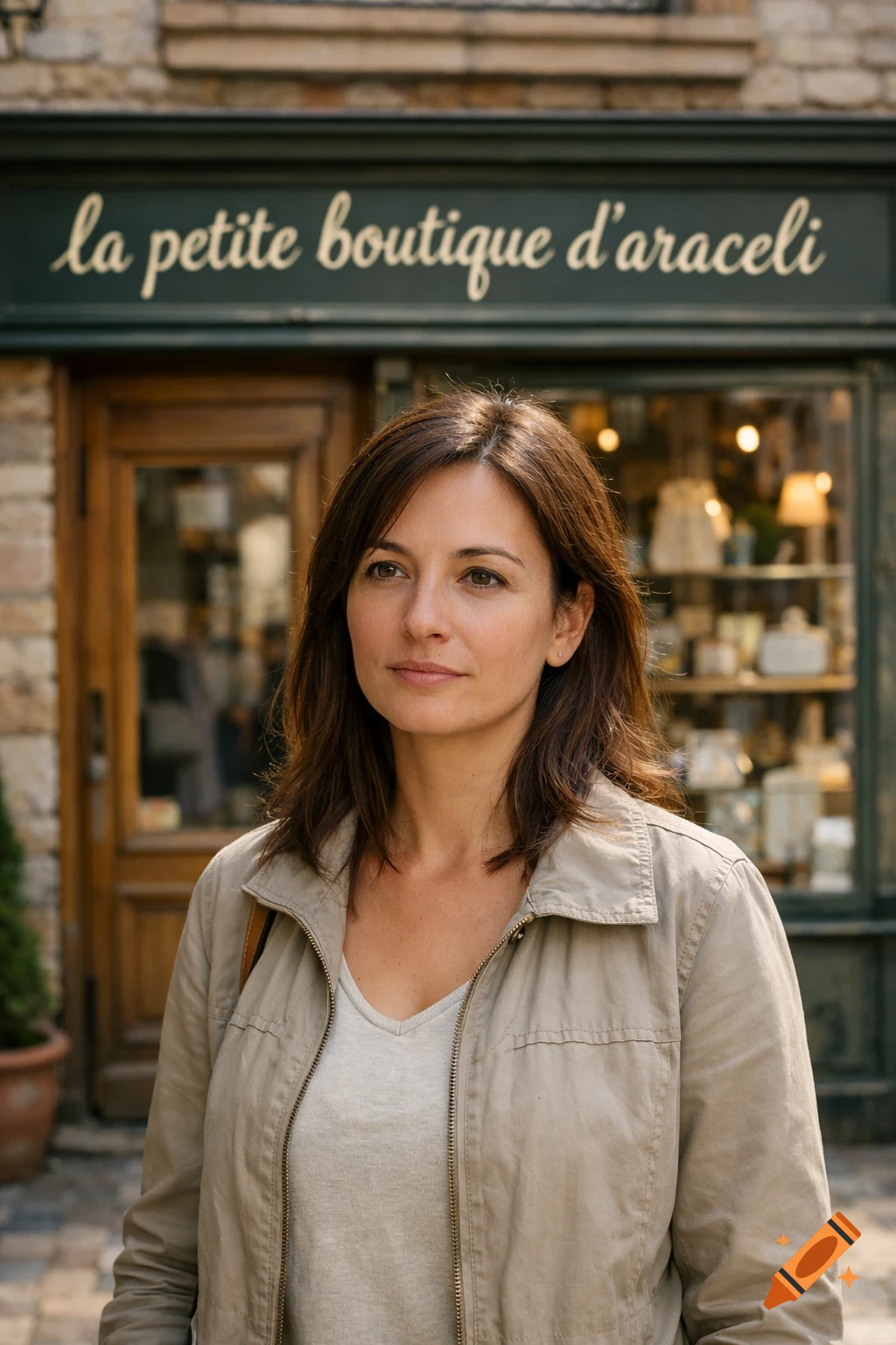 A woman with brown hair in a beige jacket stands in front of a shop named 'la petite boutique d'araceli'.