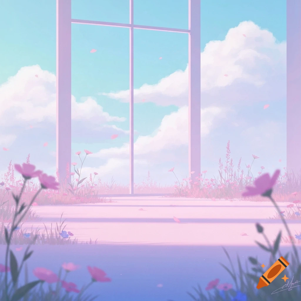 A dreamy pastel landscape viewed through a window frame, with pink flowers, soft clouds, and a vast sky.