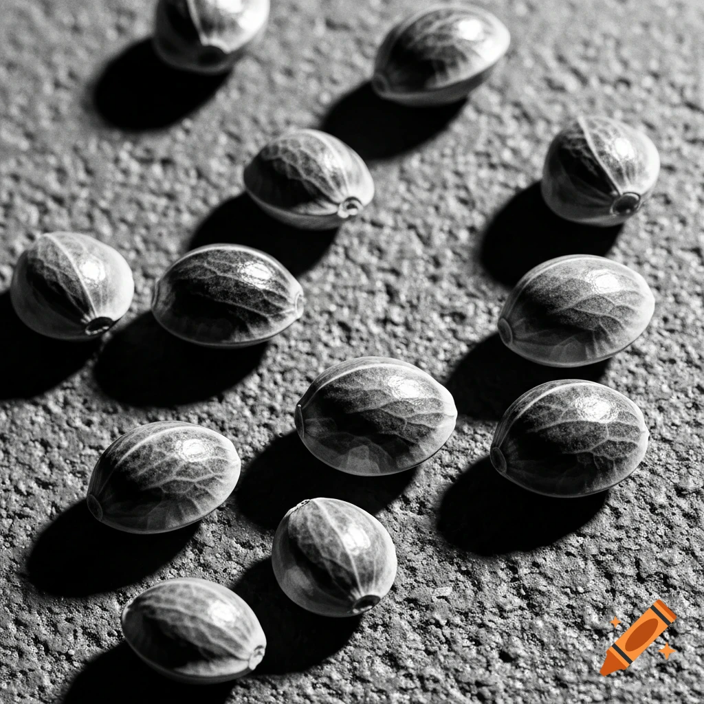 Close-up, black and white image of multiple textured hemp seeds scattered on a dark, gritty surface.