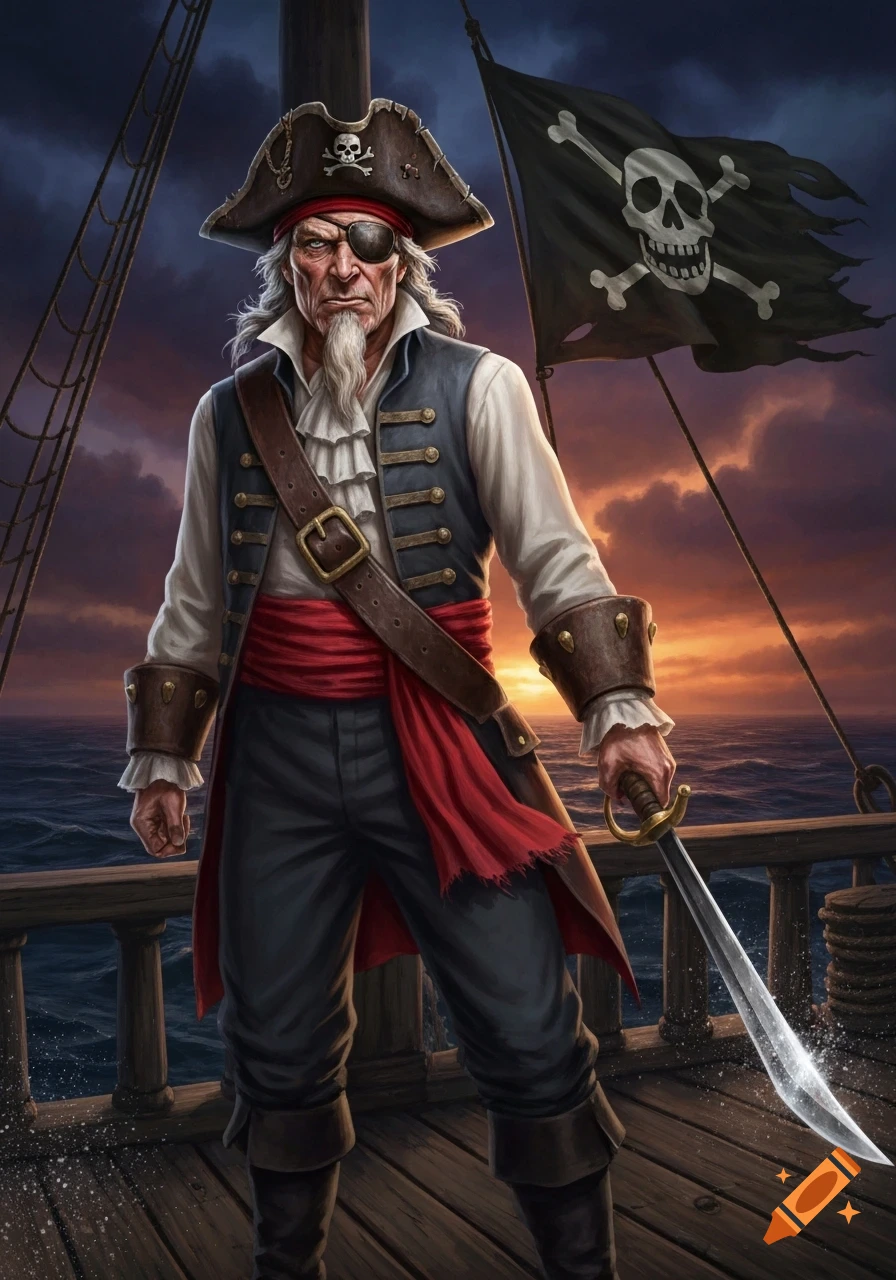 A grizzled pirate with an eye patch and sword stands on a ship's deck, a pirate flag fluttering against a sunset.