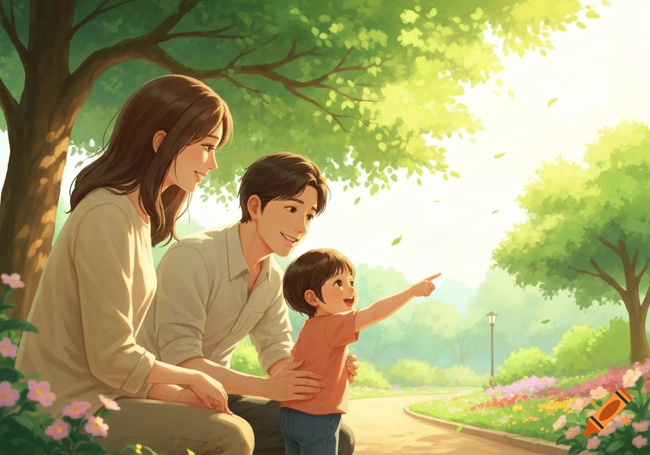 Smiling family in an anime style enjoying a sunny day in a lush park with green trees and colorful flowers.