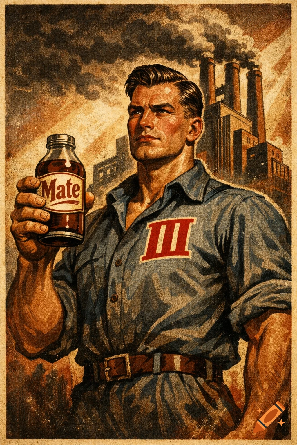 Vintage propaganda poster of a muscular worker holding a bottle labeled 'Mate' with a Roman numeral 'III' on his shirt, factory in background.