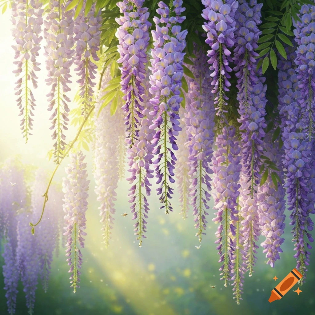 Clusters of purple wisteria flowers hang down, with sunlight filtering through green leaves and creating a glowing background.