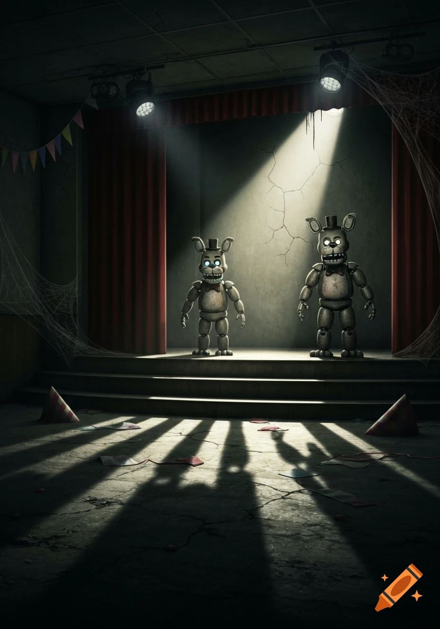 Two glowing-eyed animatronic figures stand on a dusty, spotlighted stage with cobwebs and party hats.