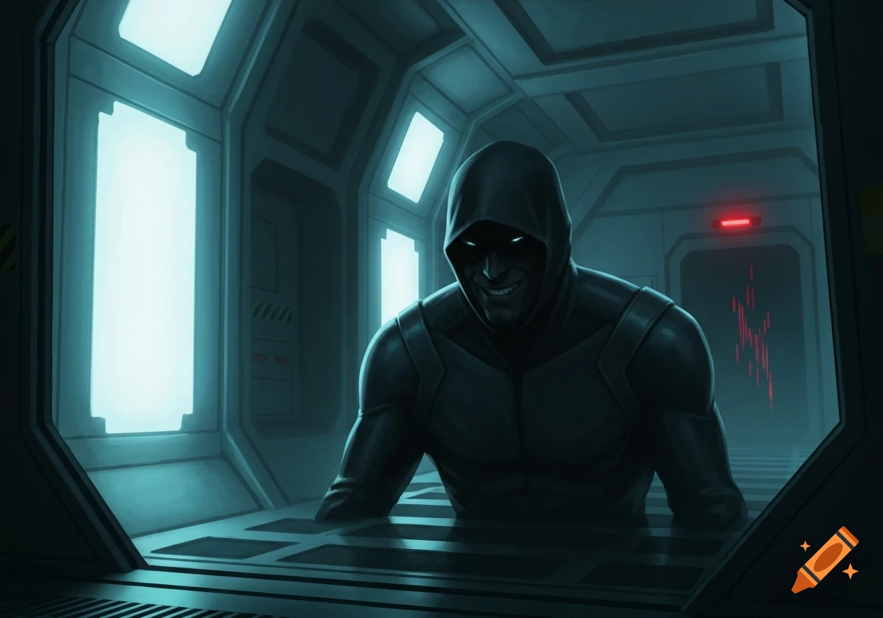 A menacing, hooded figure with glowing white eyes and a sinister smile emerges from a dark opening in a blue-lit sci-fi corridor.