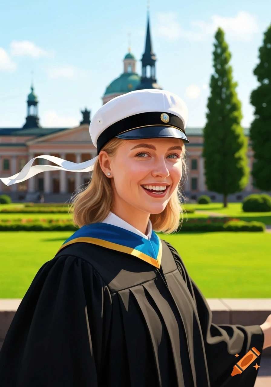 Smiling blonde woman in a student cap and graduation gown with a blue stole, outdoors on a sunny campus.