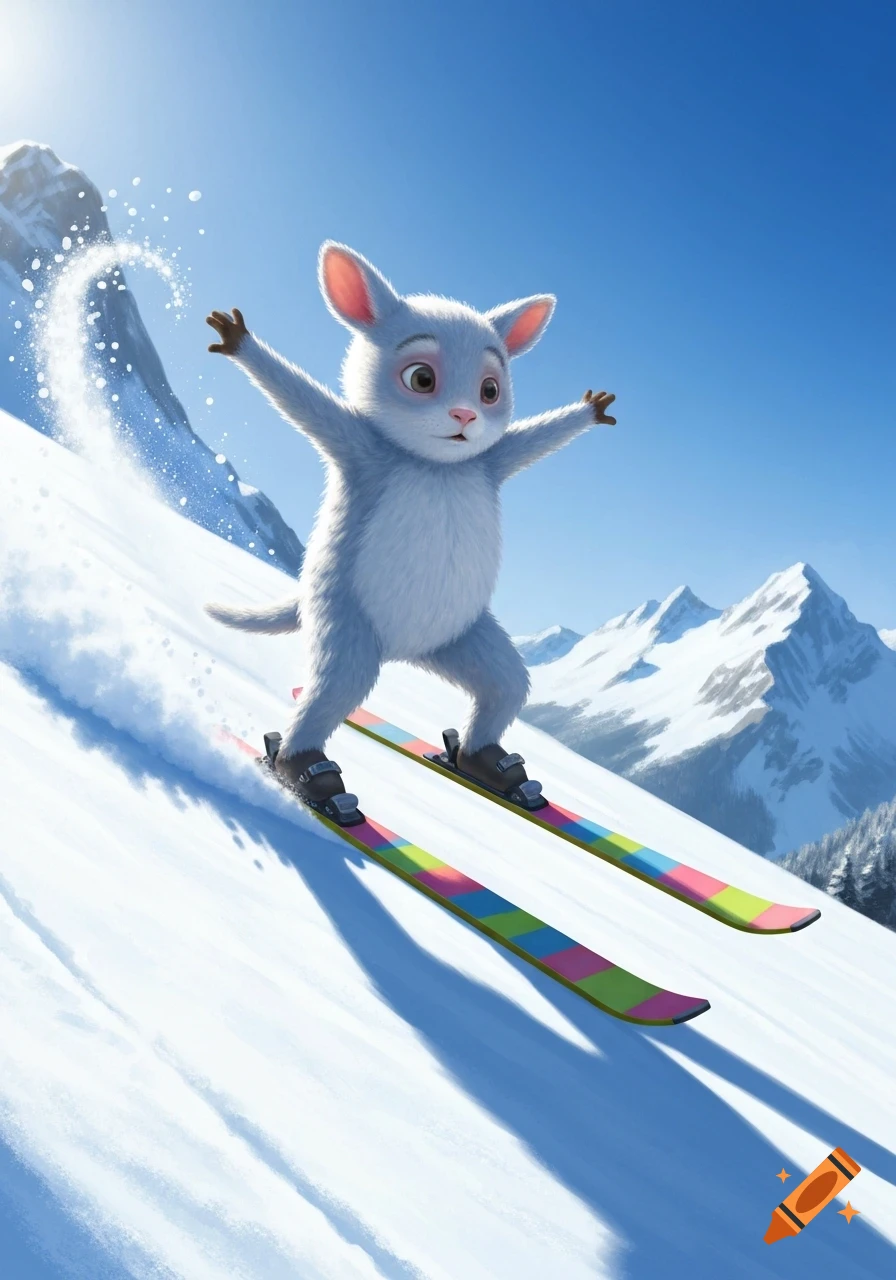 A fluffy white cartoon animal with big ears skis down a snowy mountain on colorful skis, arms wide, under a clear blue sky.