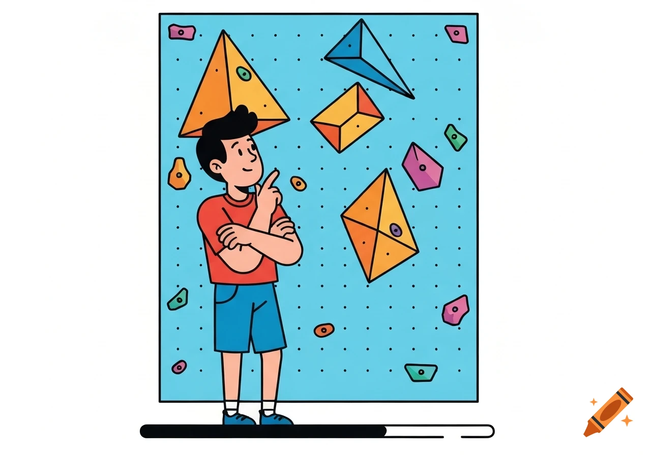 A thoughtful cartoon boy in a red shirt and blue shorts stands at the base of a colorful indoor climbing wall.