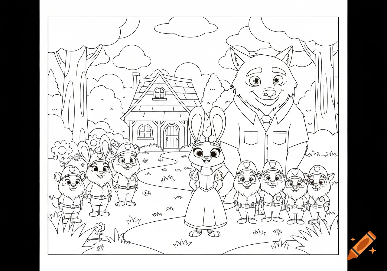 Black and white coloring page of a bunny in a dress, a wolf in a suit, and six animal dwarfs in police hats, standing in a forest with a cottage.