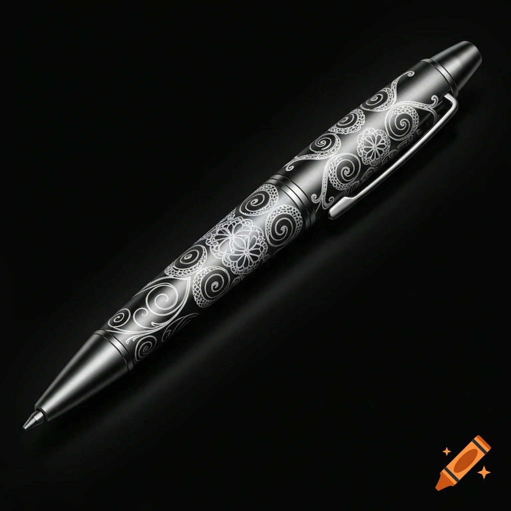 A metallic gray pen with intricate white floral and swirling patterns on a black background.