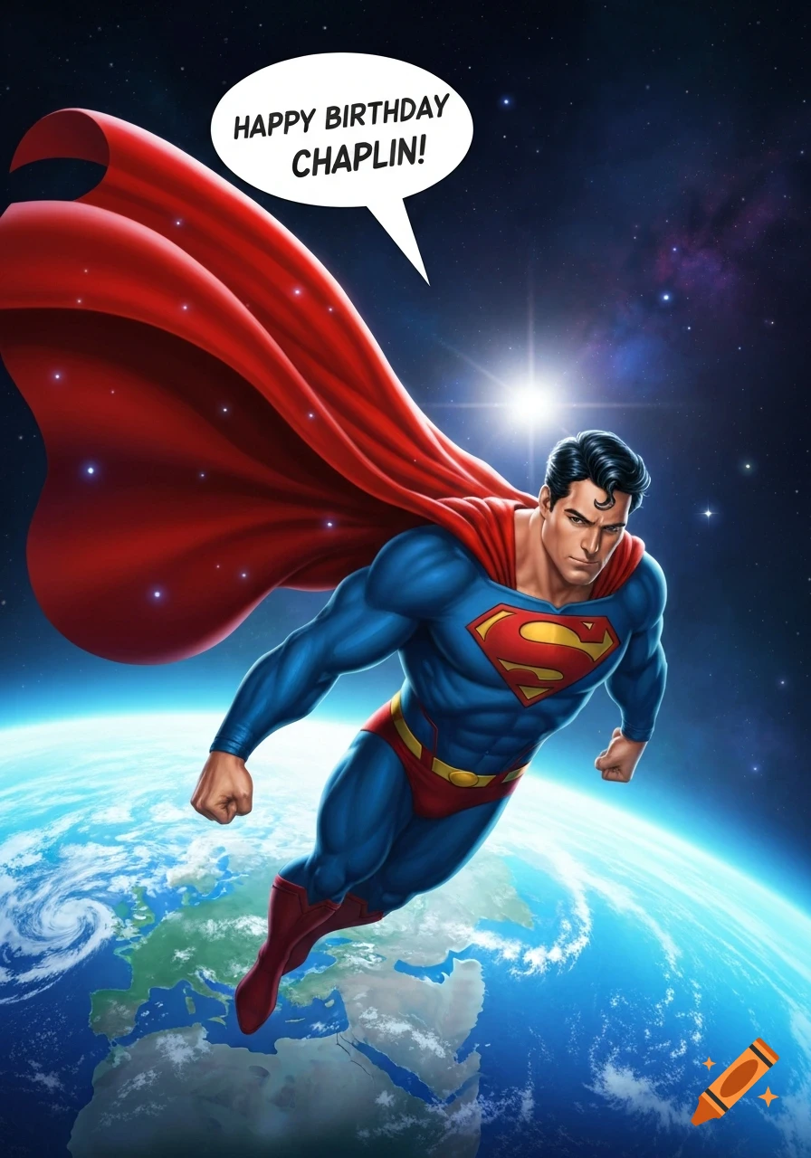 Superman in his iconic suit flies above Earth in space with a speech bubble saying 'Happy Birthday Chaplin!' in comic art style.