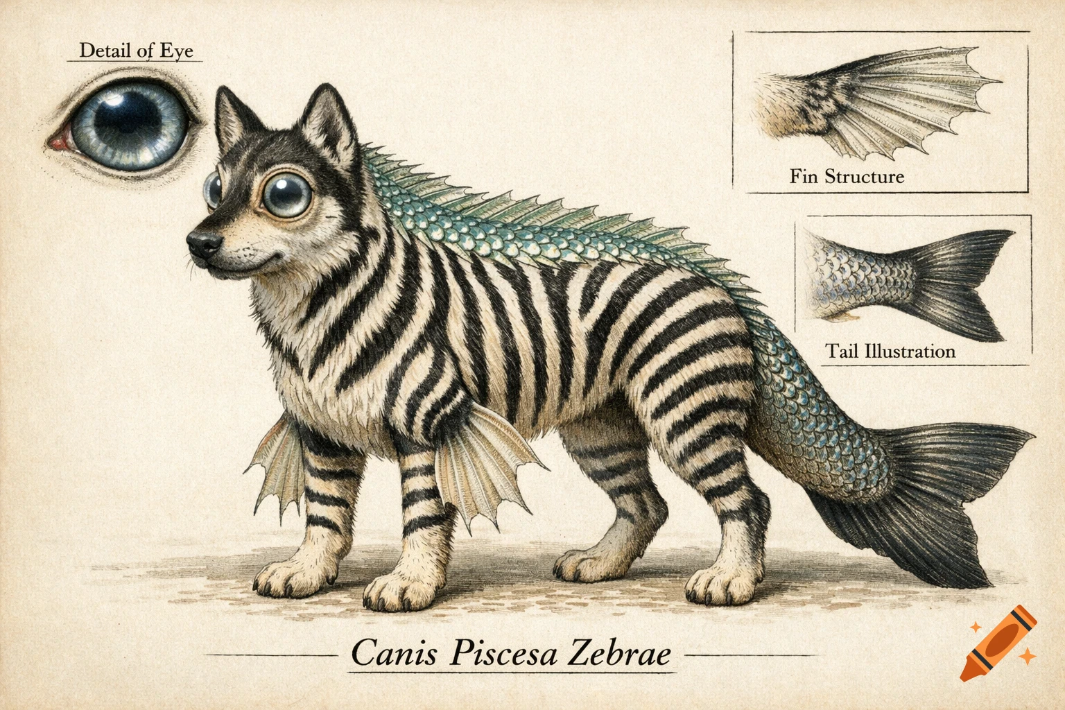Scientific illustration of a dog-zebra-fish hybrid, featuring a striped body, scales, fins, and large eyes, labeled 'Canis Piscesa Zebrae'.