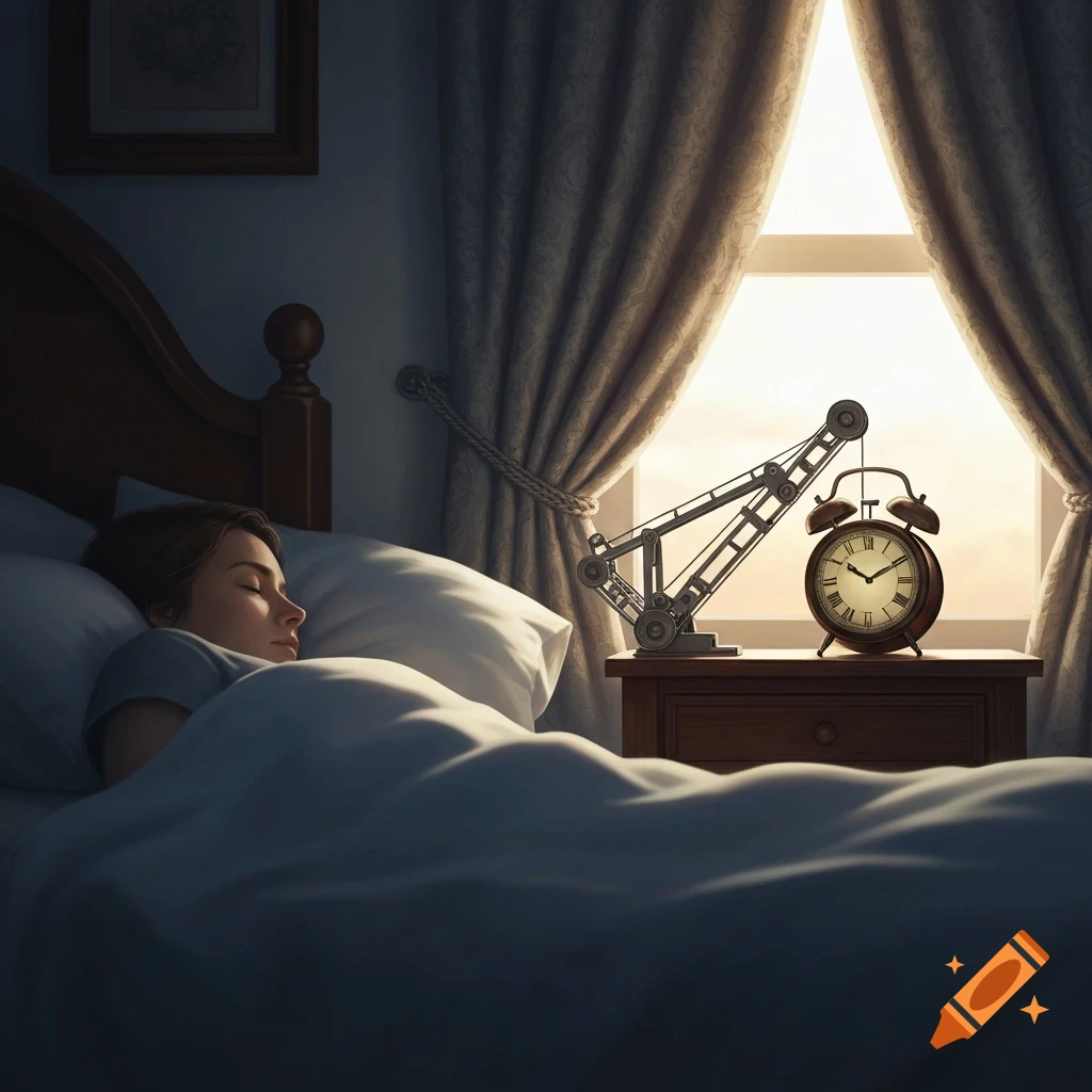 A person sleeps in a dim bedroom as a mechanical arm and alarm clock are set to open curtains at sunrise, photorealistic.