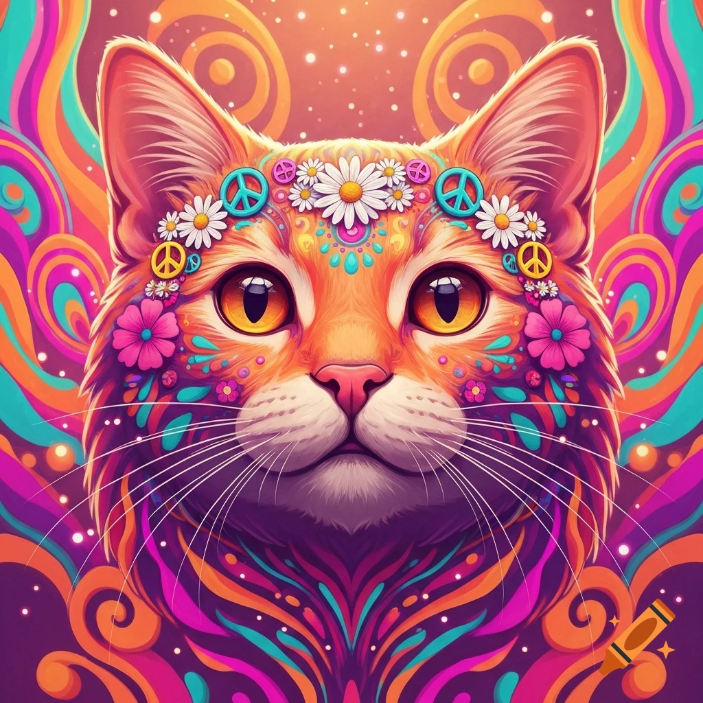 A vibrant, psychedelic cat head with bright eyes, wearing a flower crown adorned with peace signs, against a swirling colorful background.