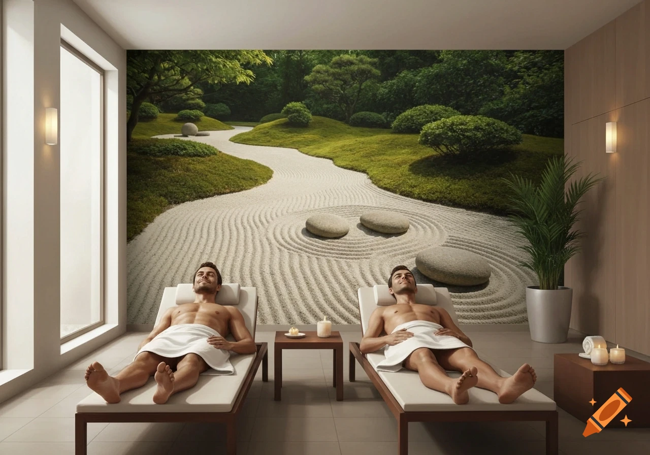 Two men relax on lounge chairs in a wellness area with a large photorealistic zen garden mural on the wall.