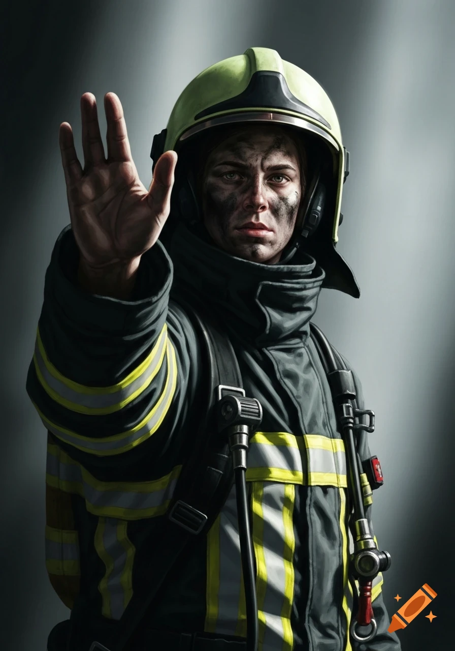 A solemn firefighter with a dirty face and light-green helmet holds up a hand in a stop gesture, wearing a dark reflective uniform.