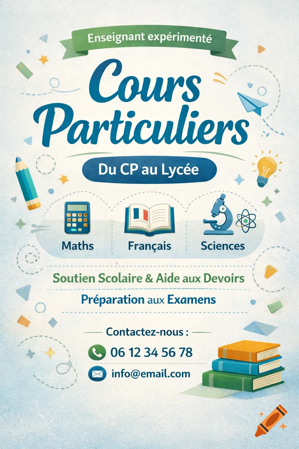 Colorful flyer advertising private lessons in French, Maths, and Science, with school icons, contact details, and a stack of books.
