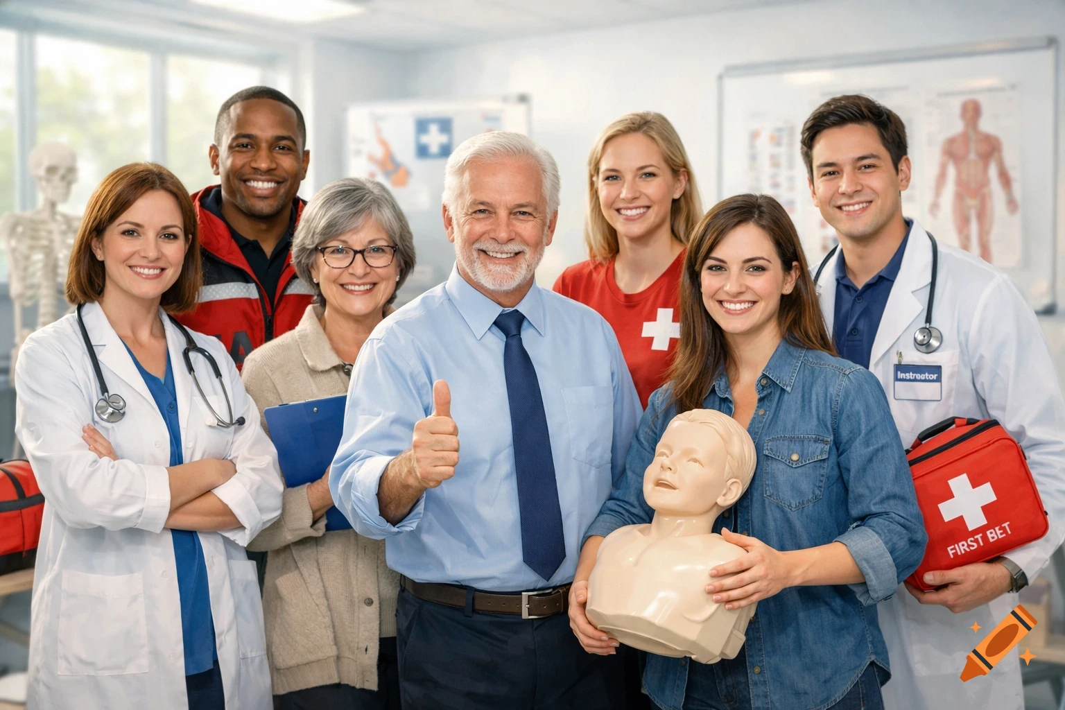 A group of smiling adults, including doctors and instructors, in a medical training room with CPR manikins and first aid kits. The central man gives a thumbs up.